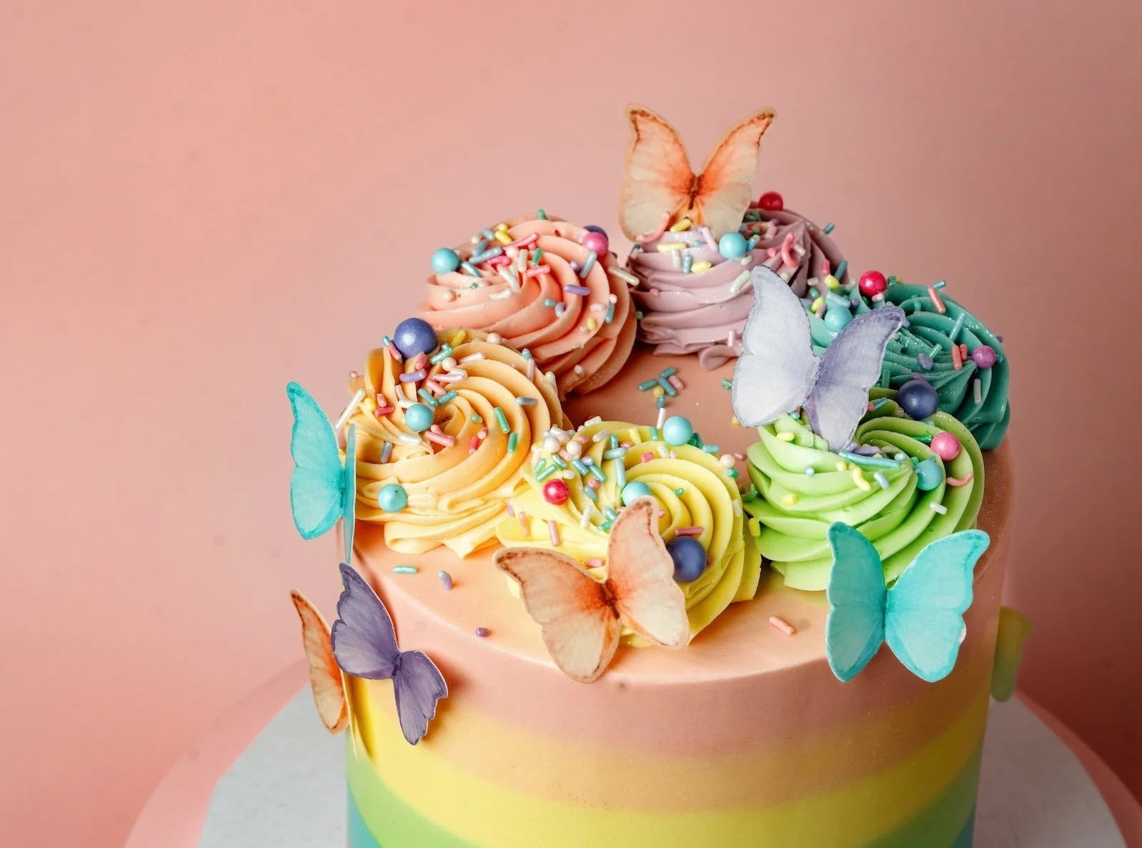 ECBG close up of a colorful cake with edible butterflies on it