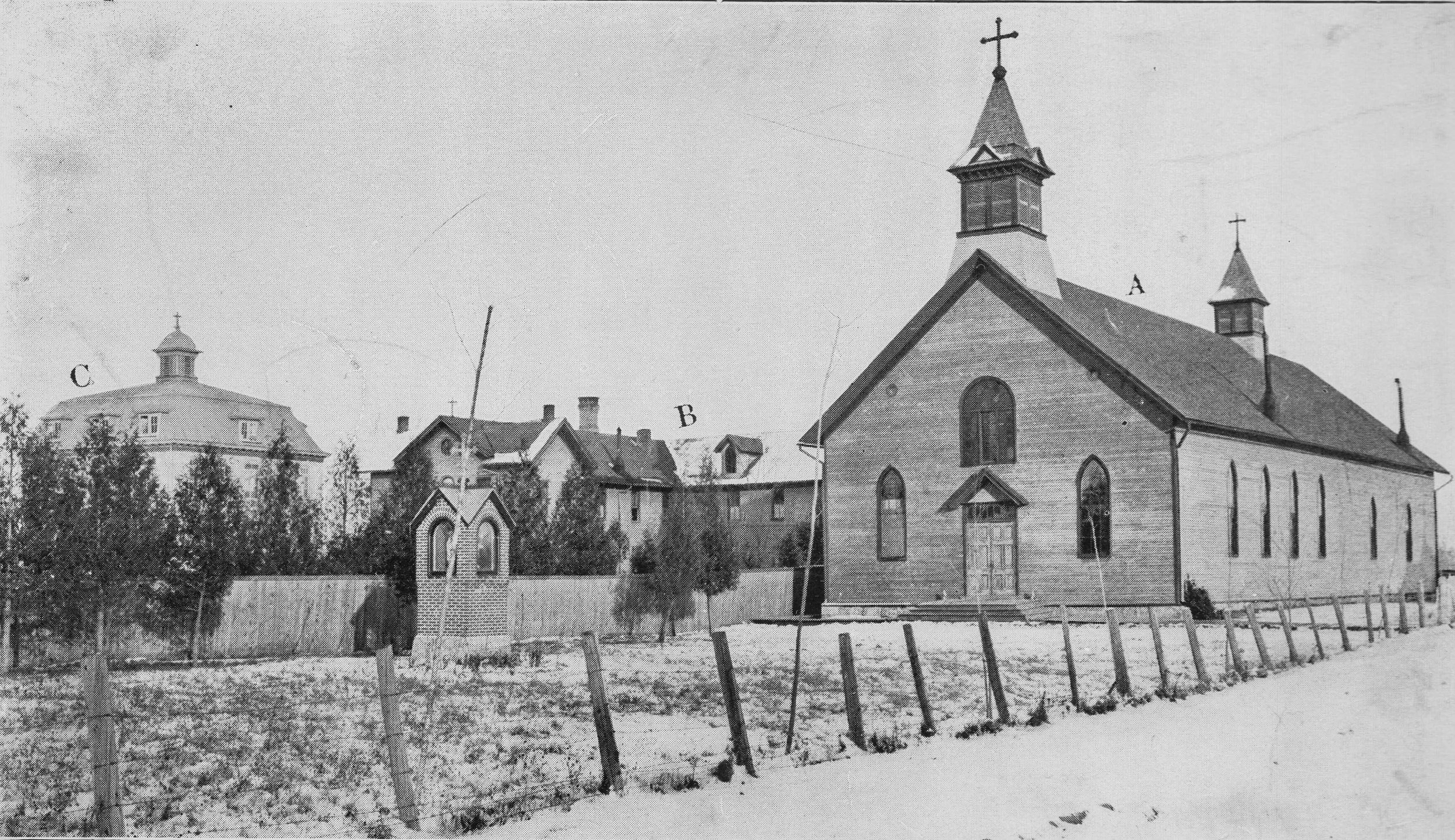 c1900 ABVM 1st church and friary w foreground fence.JPG