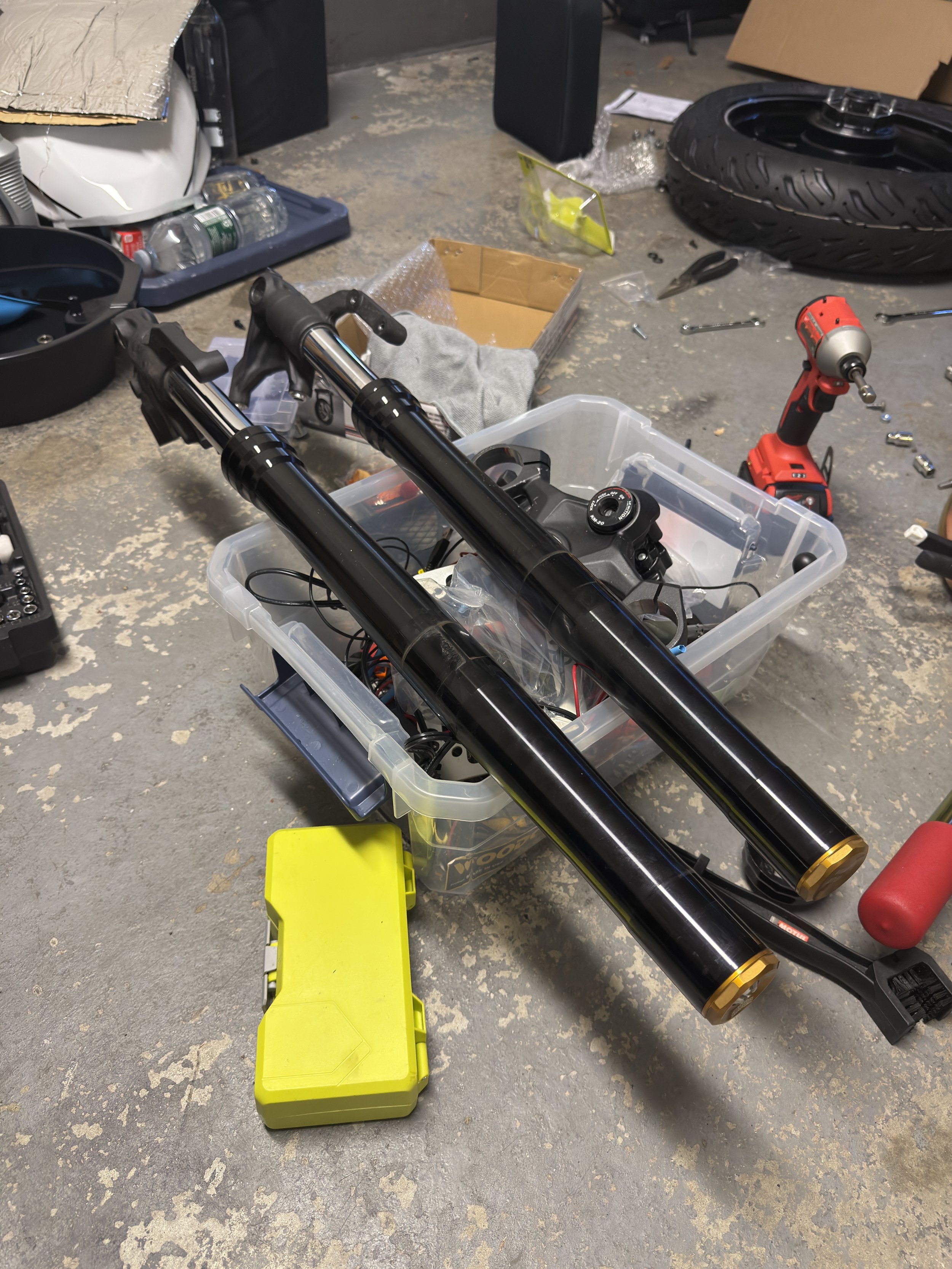 Forks off the bike. The ZX4 front fork assemblies removed for suspension work. August 9, 2025.