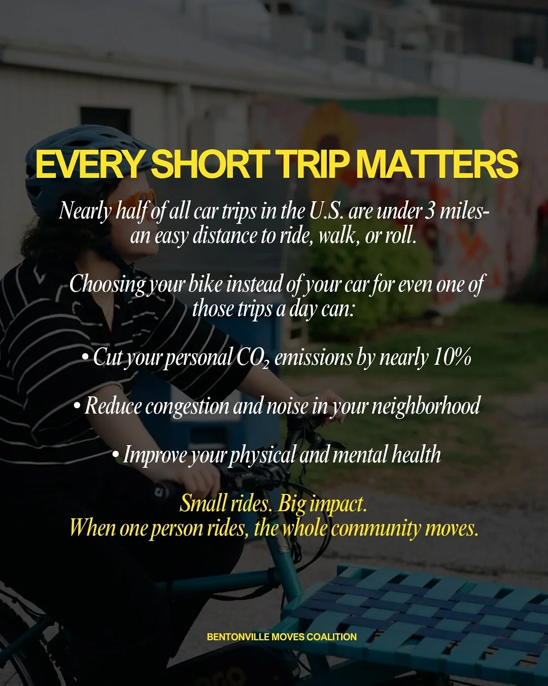 Small choices, repeated often, can create big change. 🚲

Biking isn&rsquo;t just transportation, it&rsquo;s calmer streets and stronger connections in our community. Even swapping one short car trip for a ride can make a real impact.

Where will you