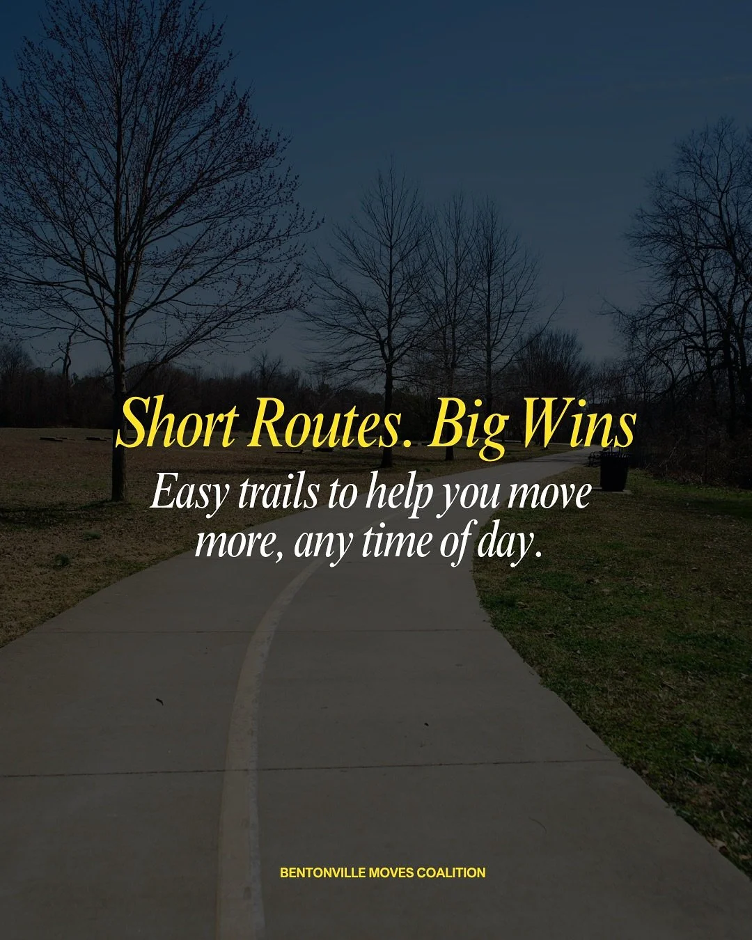 Even a short walk counts. Here are 3 trail segments one mile or under that make it easy to sneak in movement between errands or after dinner.

* Crystal Bridges Trail- 1 mile, includes several sculptures + the Sky Space
* Enfield Park trail- 0.2 mile