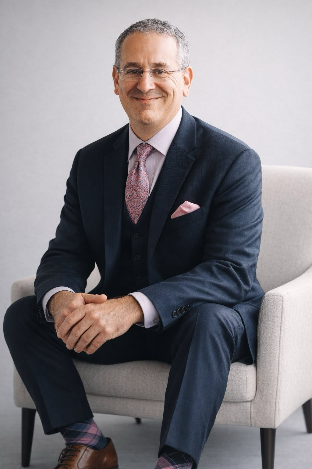 A middle-aged man in a dark suit, pink tie, and glasses sitting on a light-colored armchair against a plain background.
