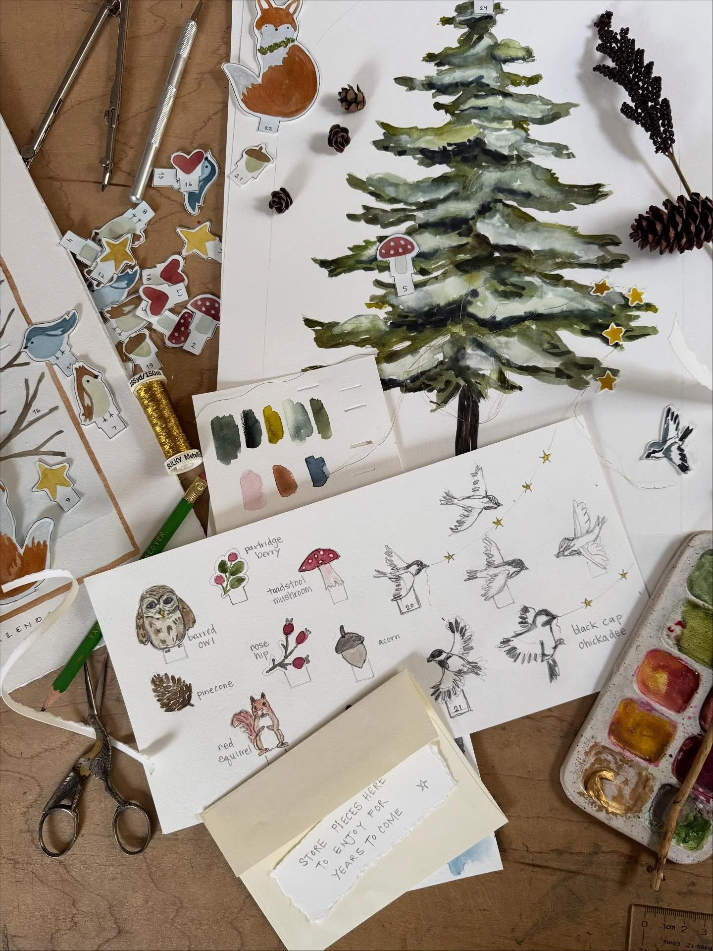 What should the woodland creatures decorate the tree with? More mushrooms? A few hearty oak leaves?
Last year I created an advent calendar where each day, a new piece was cut out and added to the tree. I’m working on a new version with my belo