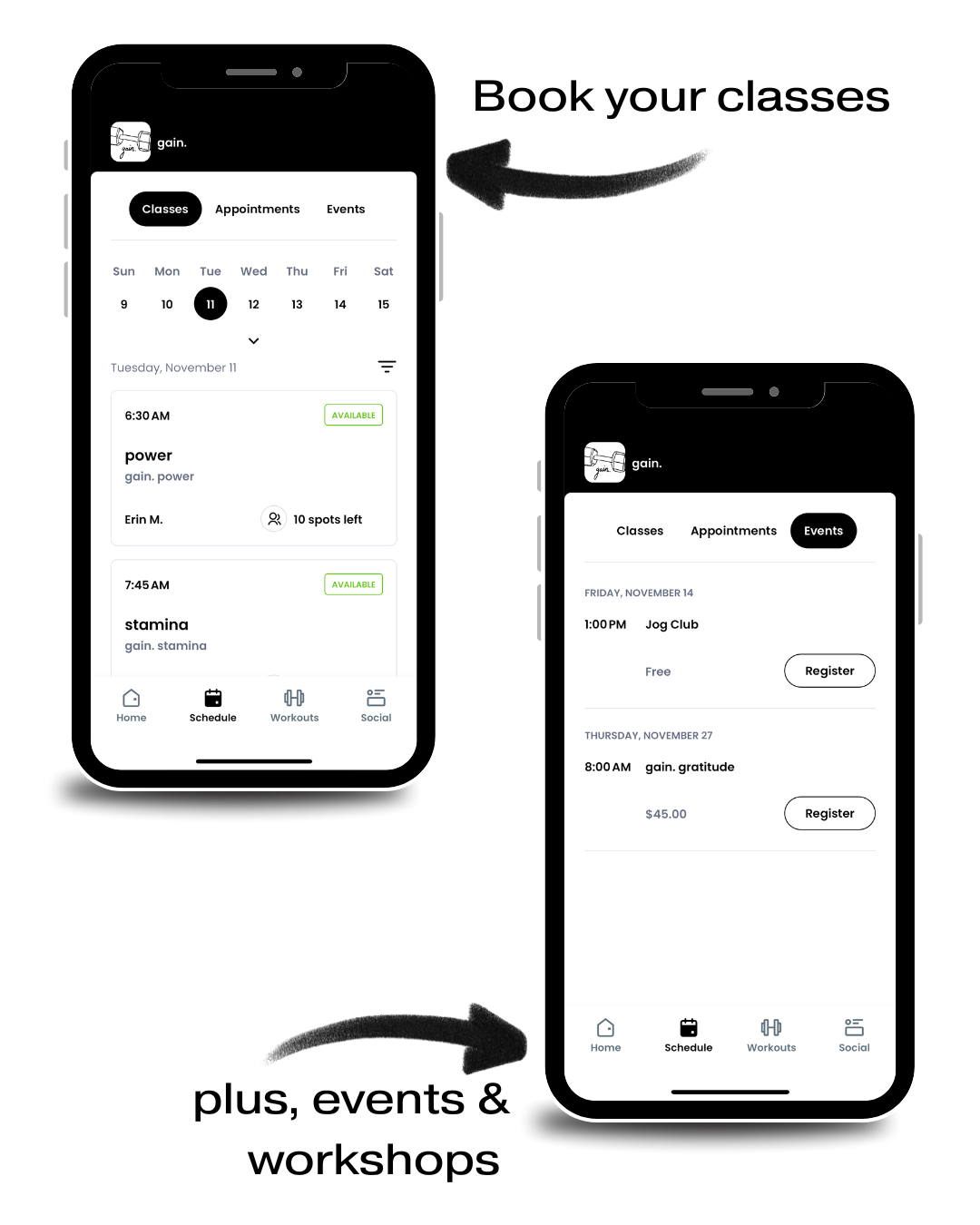 Two smartphones displaying a fitness app featuring scheduling, events, and workout tracking.