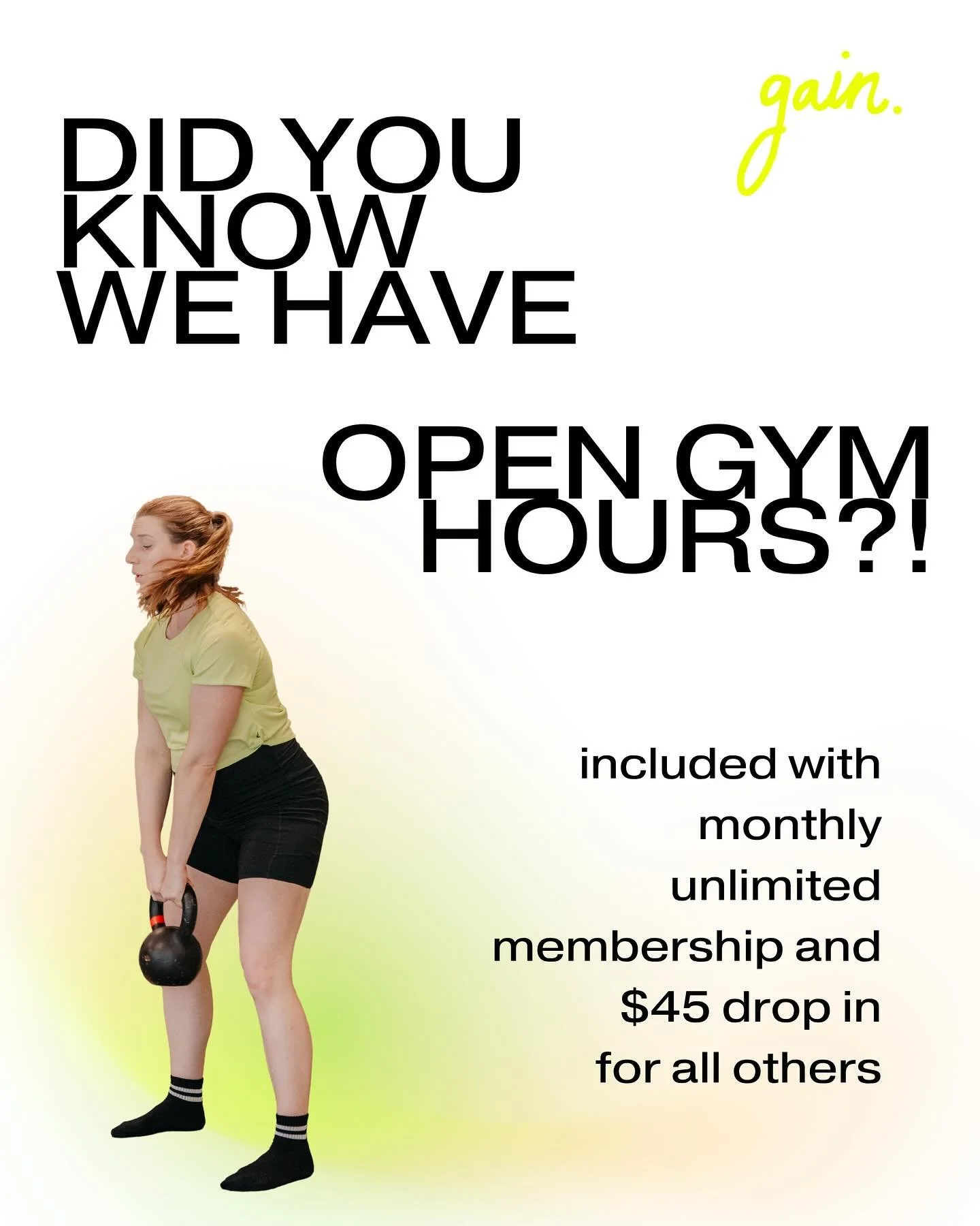 Yes we doooooo🙂‍↕️🙂‍↕️
Although it’s not widely known— we do have open gym every day of the week! 
⚡️What to know:
•You can reserve you spot under the ‘appointments’ section of the gain. app
•Although the