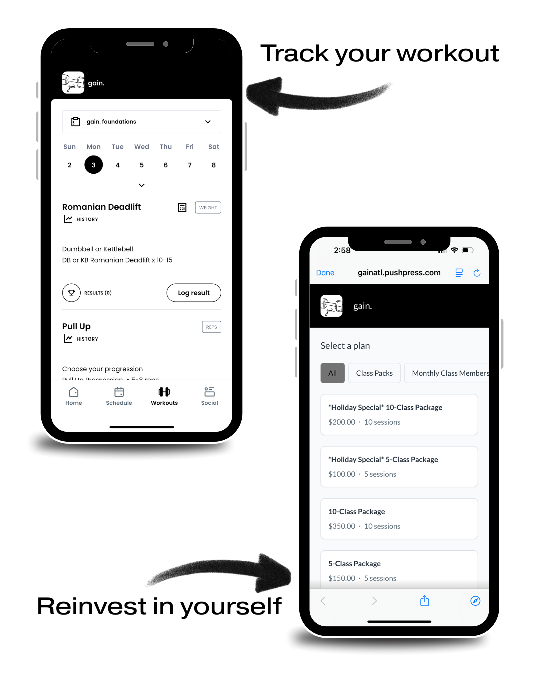 Screenshots of a fitness app on two smartphones, showing workout schedules, exercise history, and membership plans.