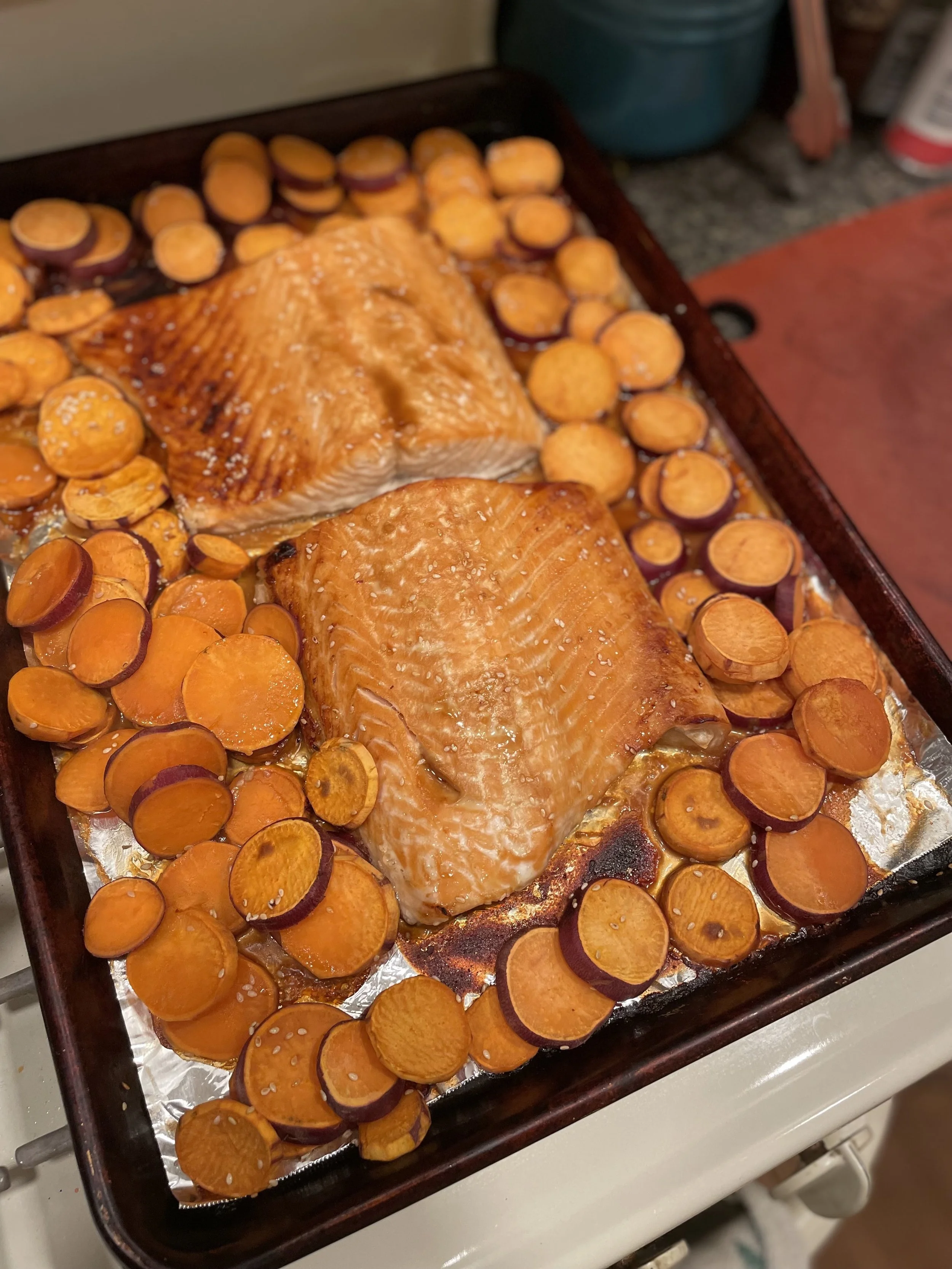 Miso Glazed Salmon and Sweet Potatoes