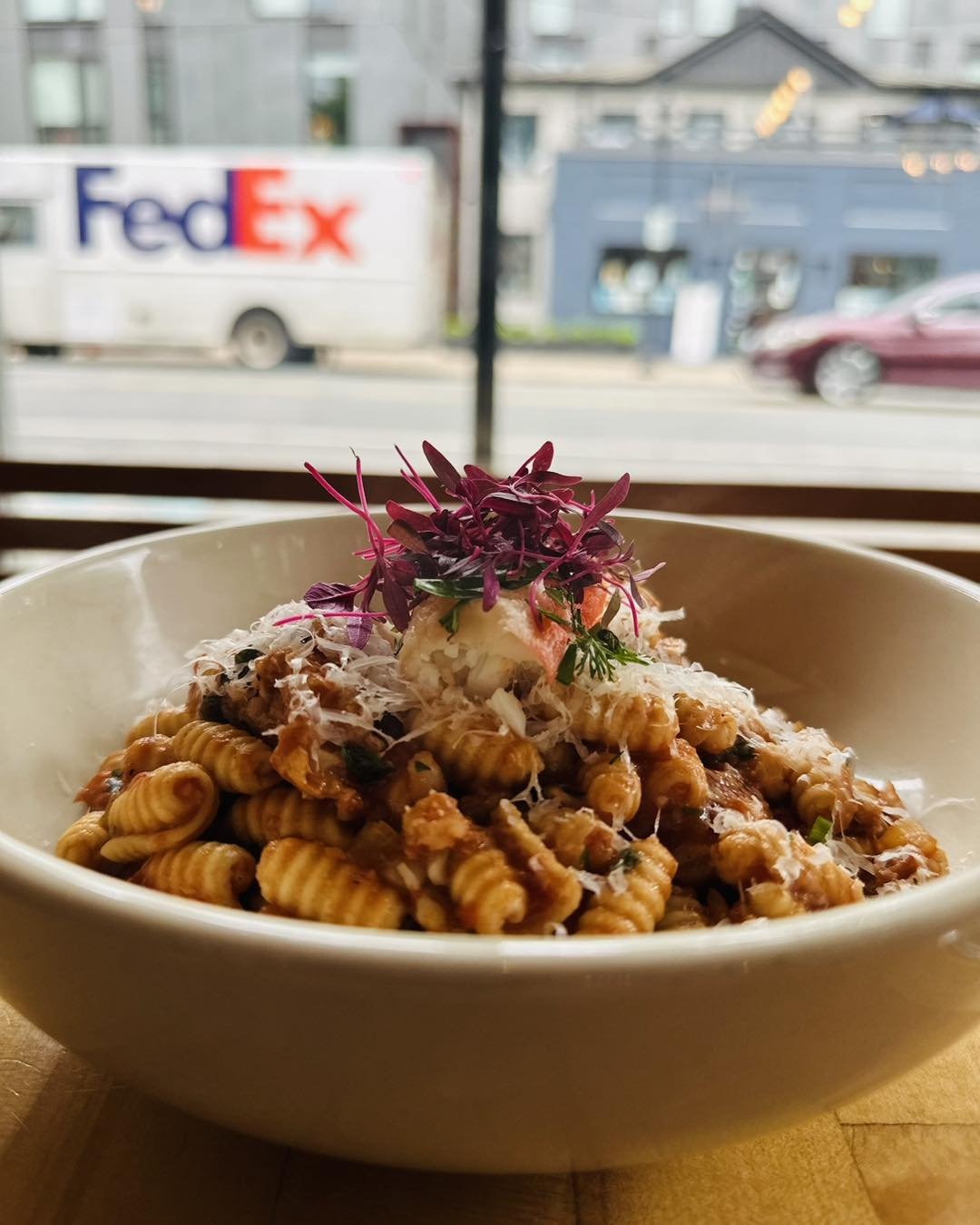 Our feature this weekend is fresh house-made gnocchi sardi bolognese with king crab, shrimp, basil and granna padano.