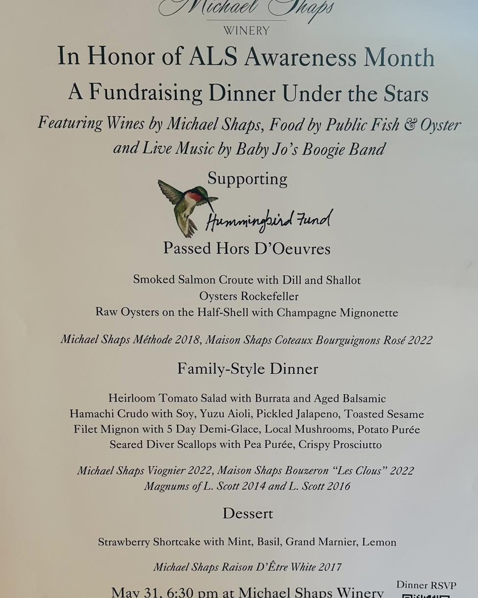 In honor of ALS Awareness month, Public Fish and Oyster will be teaming with winemaker Michael Shaps for a fundraising dinner under the stars. 

Join us at Michael Shaps Winery on Friday, May 31st at 6:30 for an all-inclusive dinner featuring cuisine
