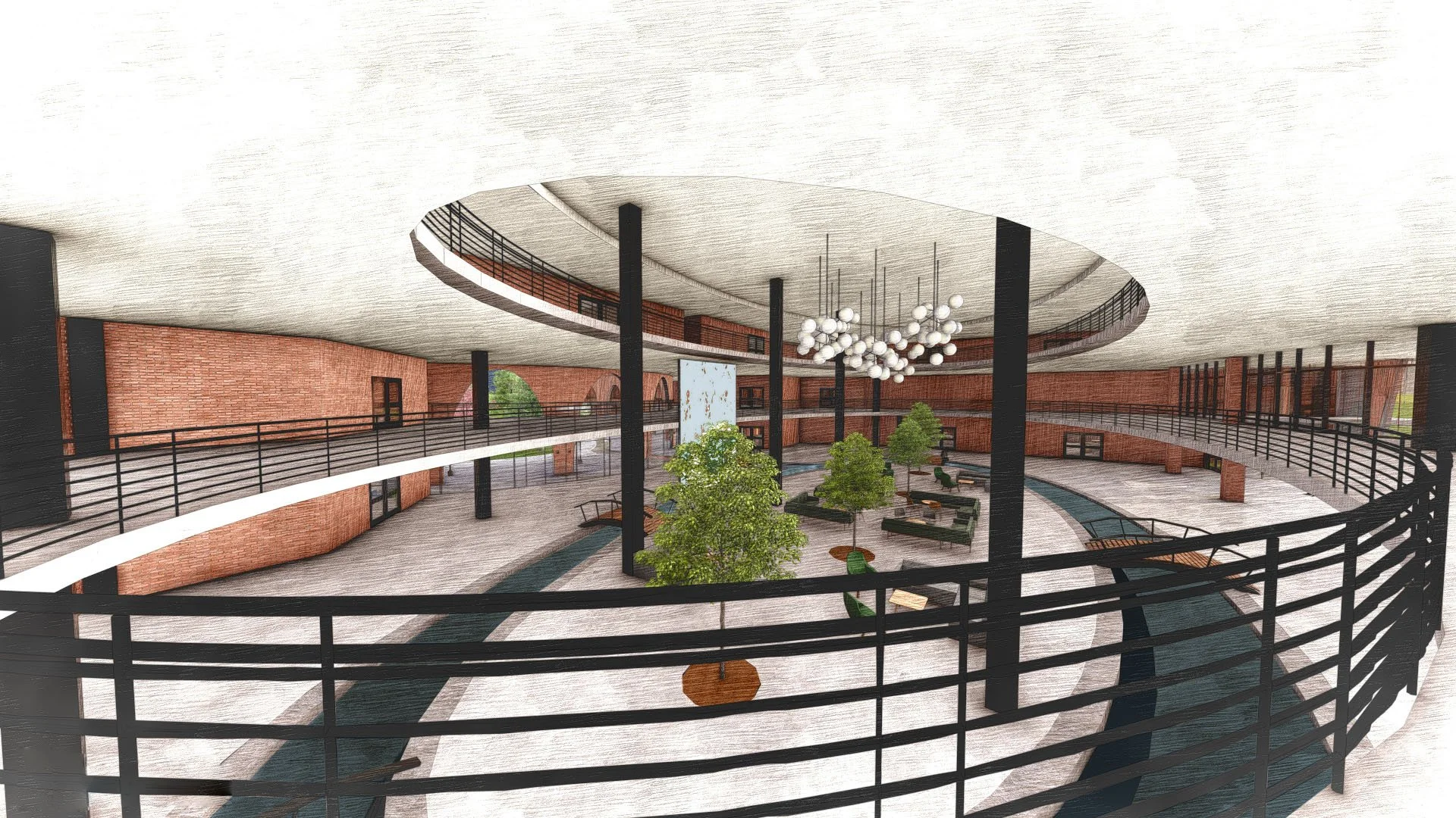 View from second level into atrium