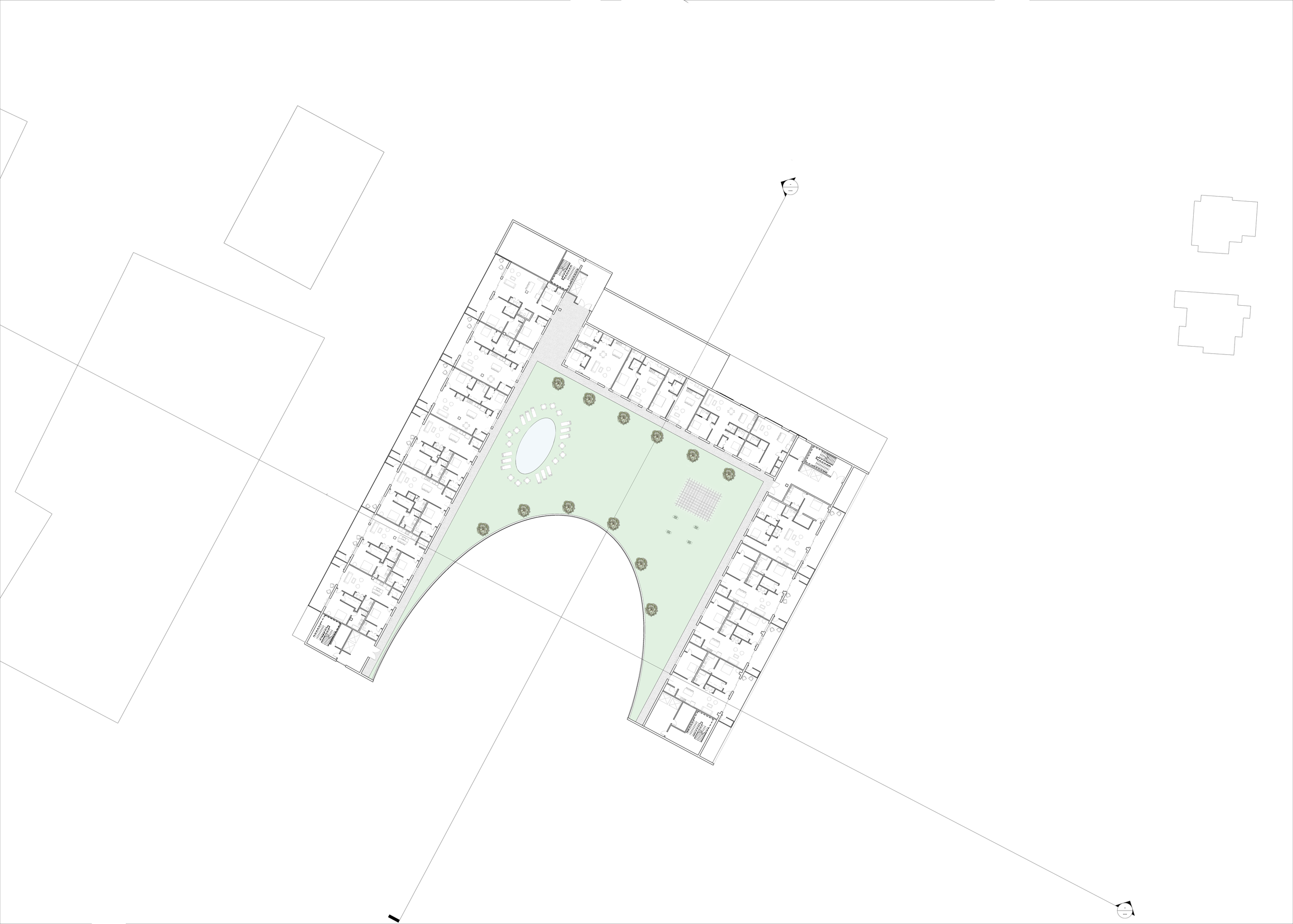Level Four floor plan. This floor begins the residential sector of The Cascades and features an accessible green roof that offers recreational space for residents. 