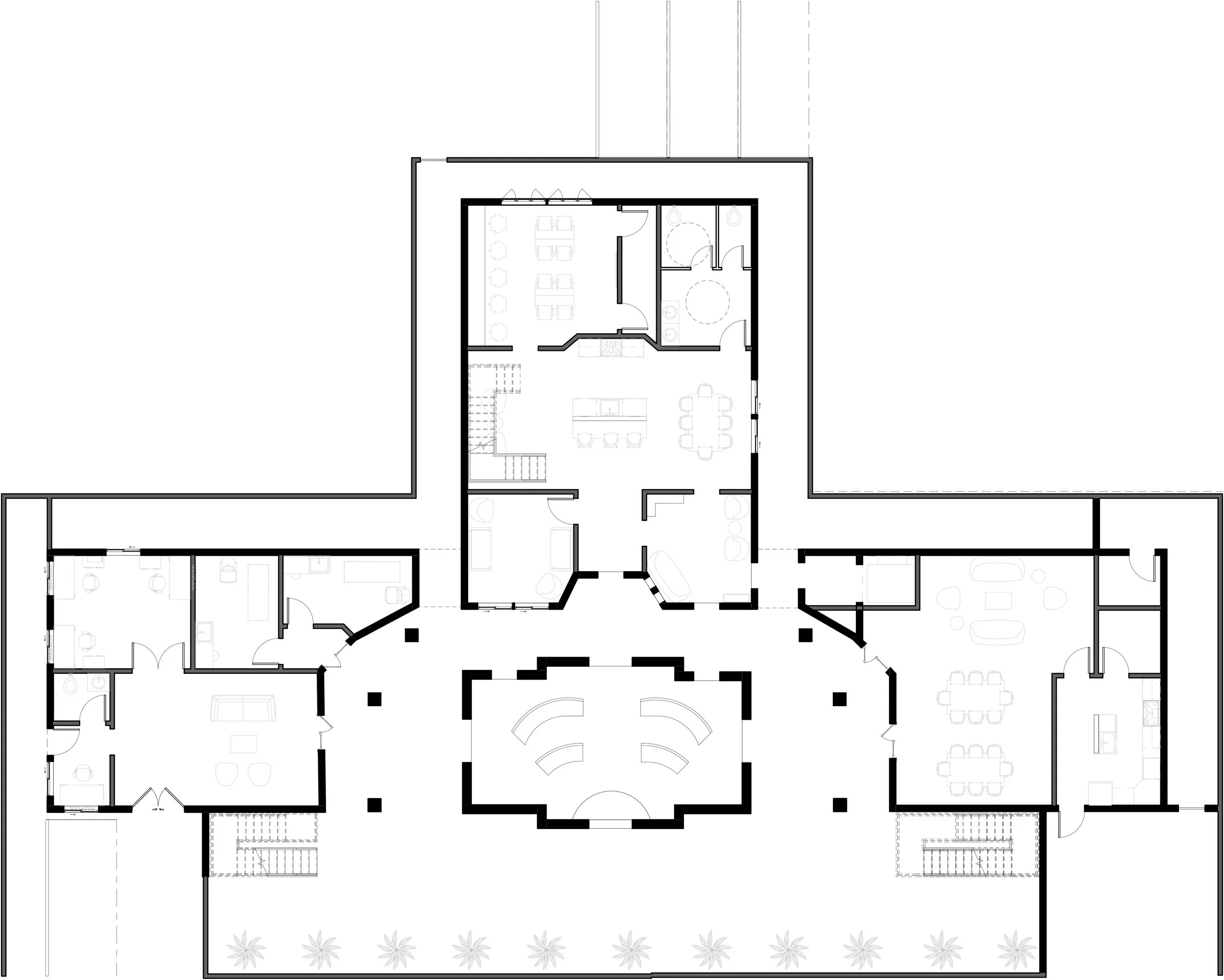 Level One - Divided into four separate buildings, this plan has a campus-like feel that allows occupants to have a greater sense of freedom as they travel between the various spaces.
