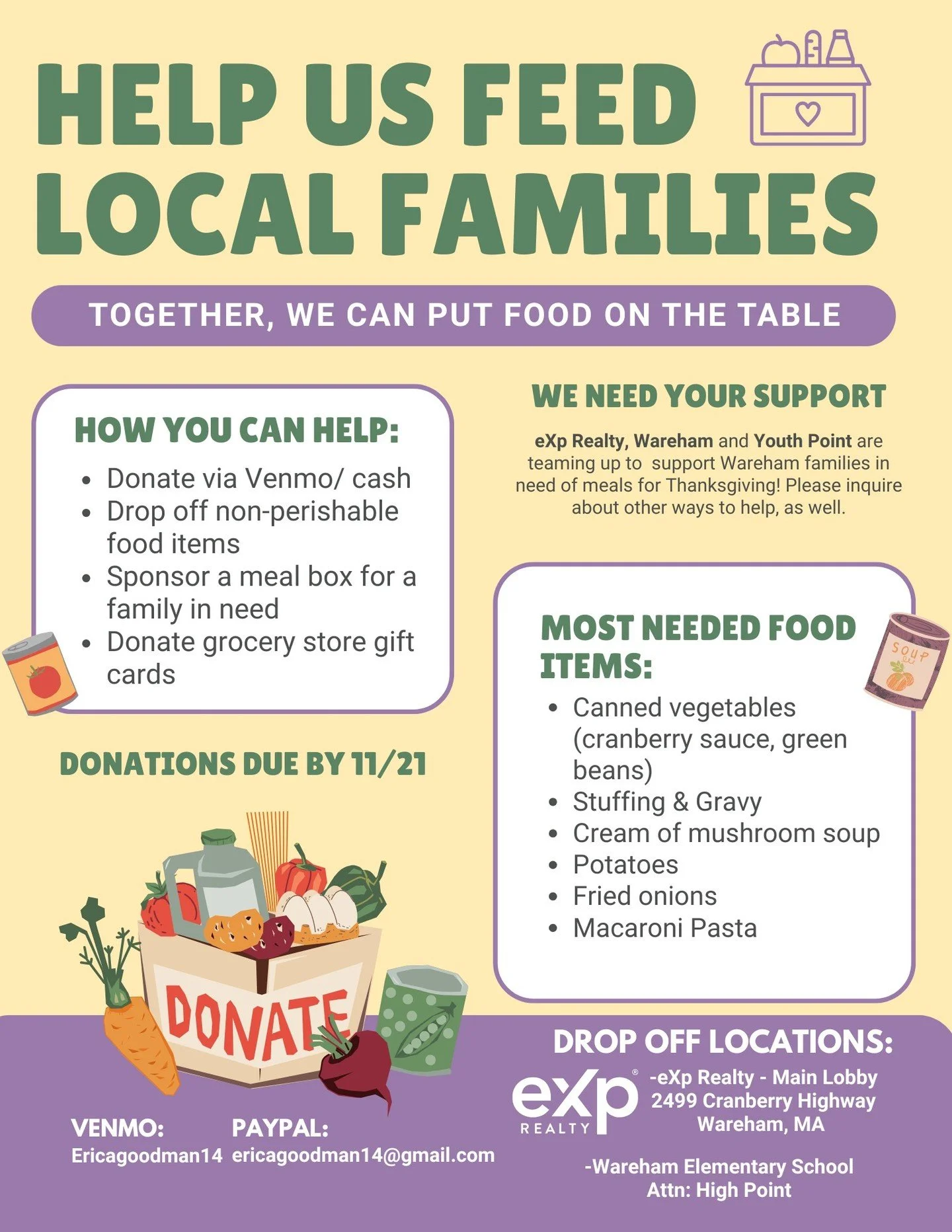 We're teaming up with Youth Point to collect non-perishable food donations, as well as grocery store gift cards, and monetary donations for meal boxes. Your donations will benefit Wareham families this Thanksgiving season! Please share!