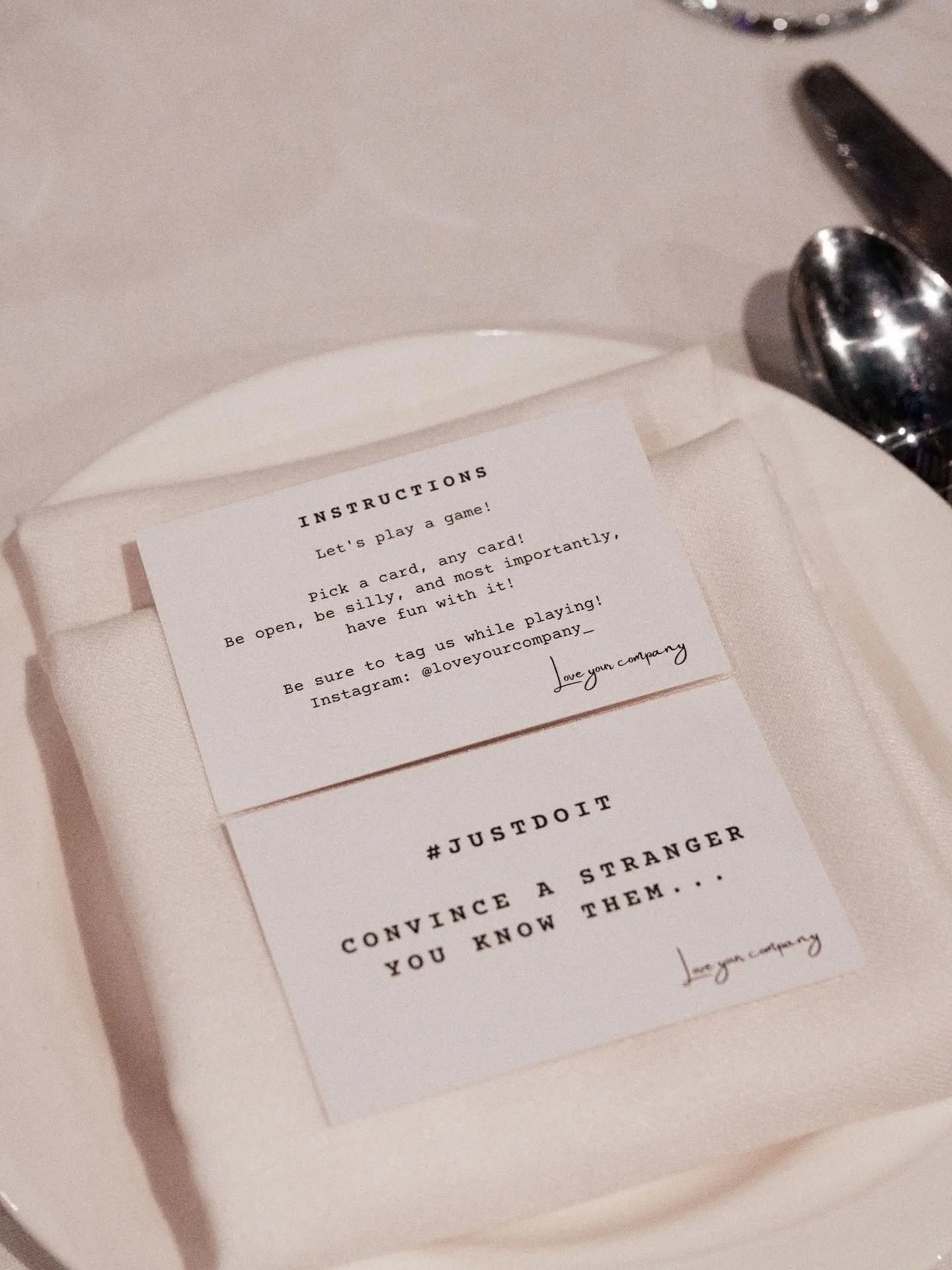 The wedding deck 💍💐✨💒

Something different, perfect for the tables 🍽️🥰💭

[ www.loveyourcompany.co.uk ] 
.
.
.
wedding games, wedding fun, love your company, wedding prompts, getting to know you, unique wedding idea, prompting the convo, wedding