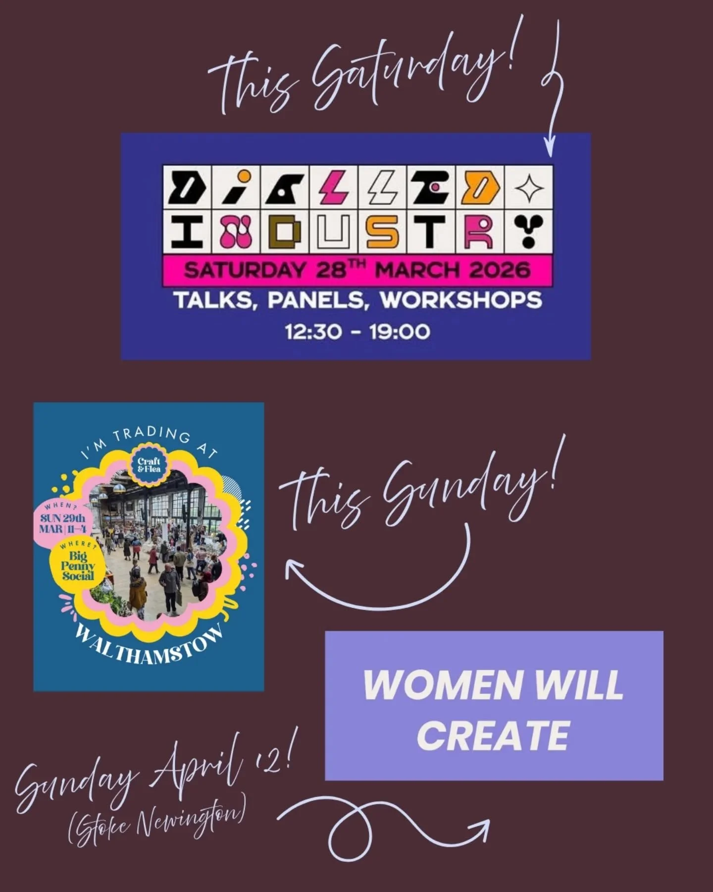 She's got upcoming markets!! 📢 🛍️

Sooo excited to be part of Seller's Corner at @dialledin_dustry this SATURDAY!! 💥 

&amp; I'm back to @thecraftandflea this SUNDAY which is always a good time! 🫶🏽 

&amp; my second market with @womenwillcreate 