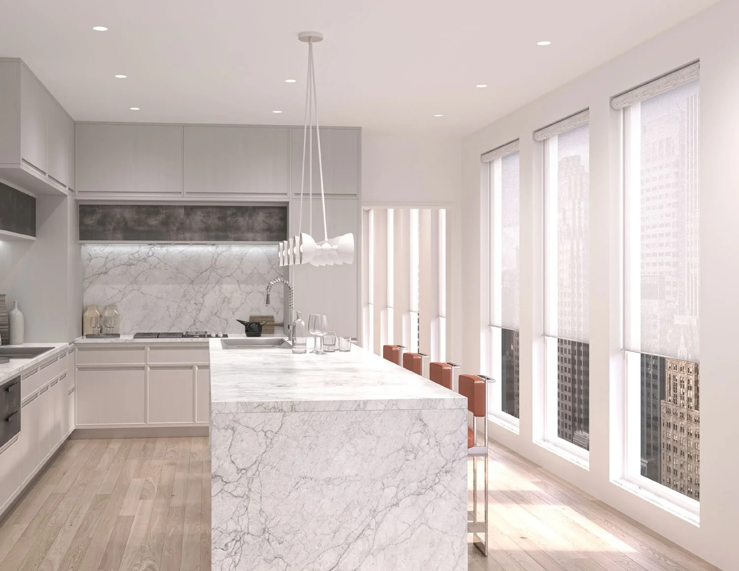 Kitchen with tall windows and roller shades