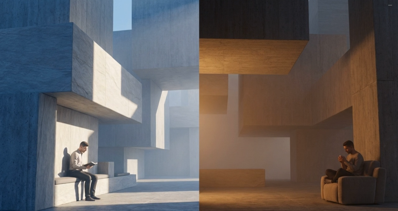 Luxury modern interior showing dynamic lighting transition using Lutron Ketra smart lighting designed by Smarter Homes.
