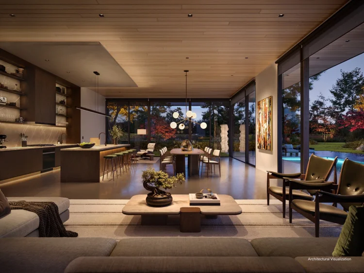 Open-concept living and dining space (Modern Great Room, Pacific Northwest): Lutron motorized shades with recessed LEDs in a wood ceiling
