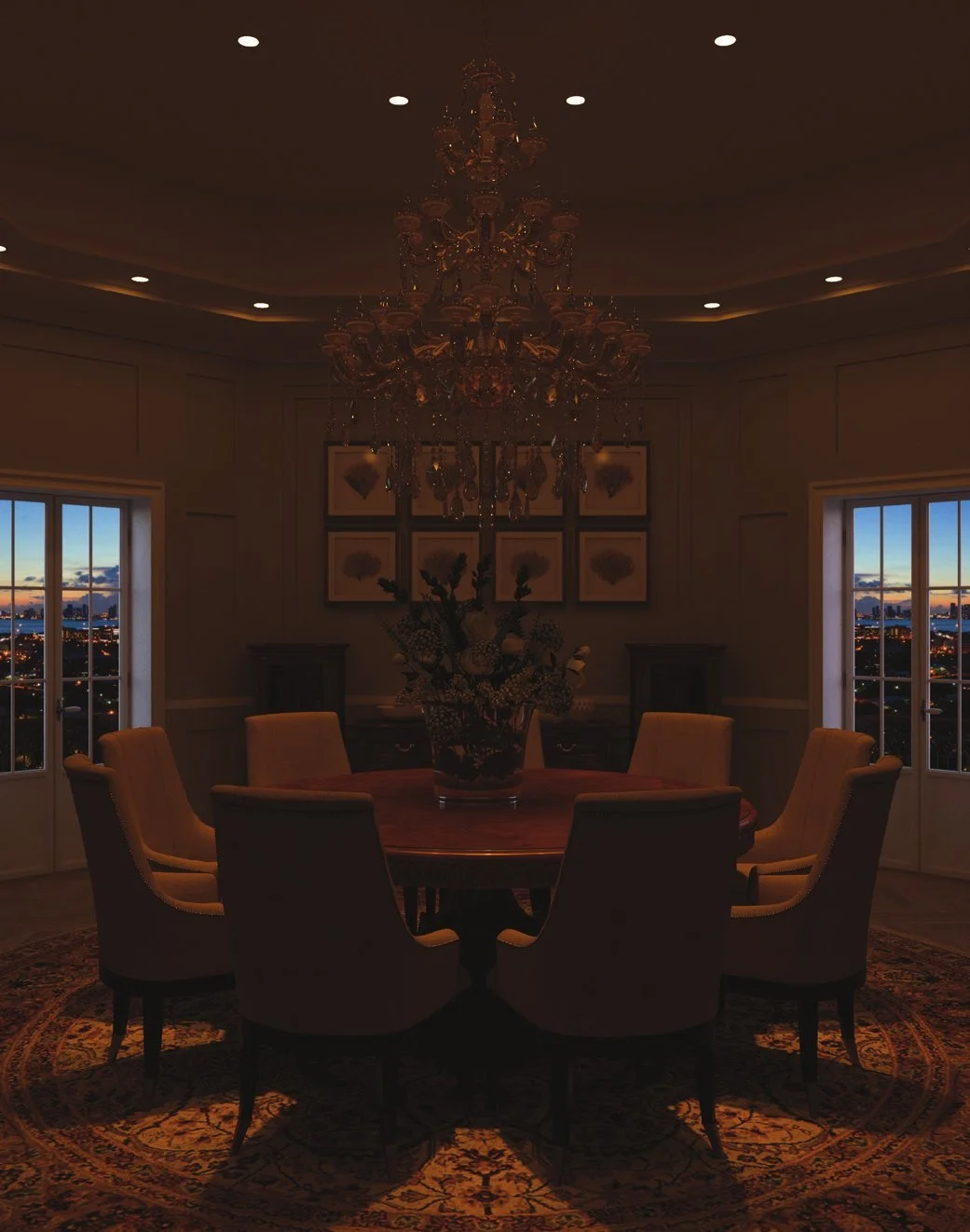 Round dining room with downlights dimmed low