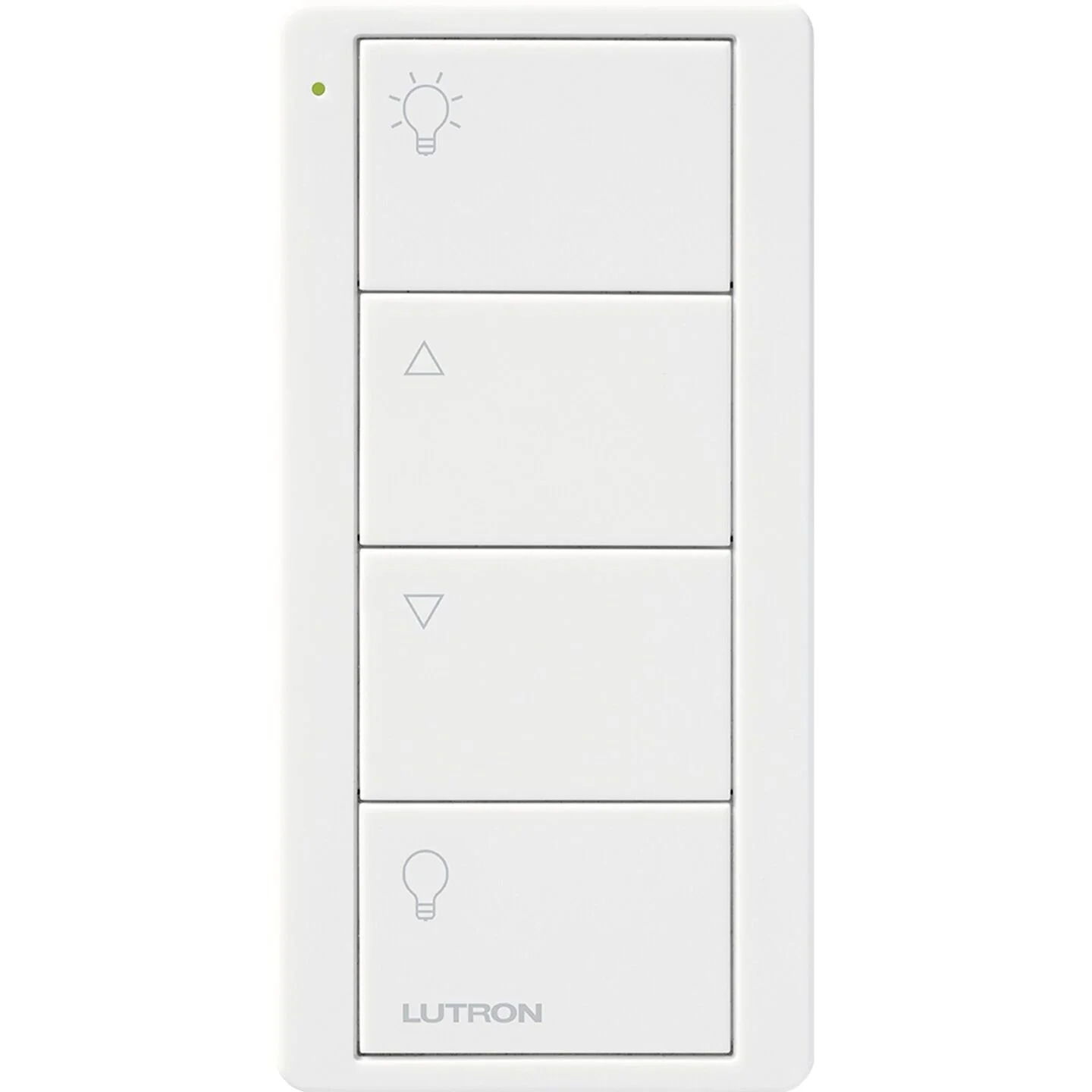 Lutron smart light switch with multiple buttons and icons for controlling lighting, including on/off and dimming, on a white wall.