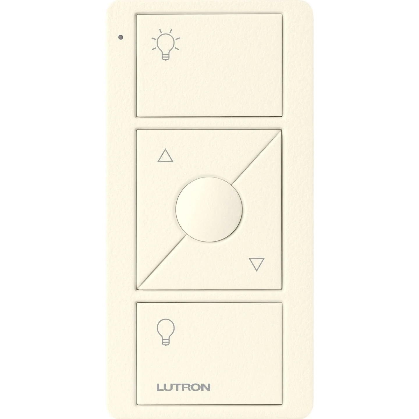 A white light switch panel with multiple rocker switches and a round button, labeled 'LUTRON', used for controlling lighting and possibly a fan, with icons indicating light functions.