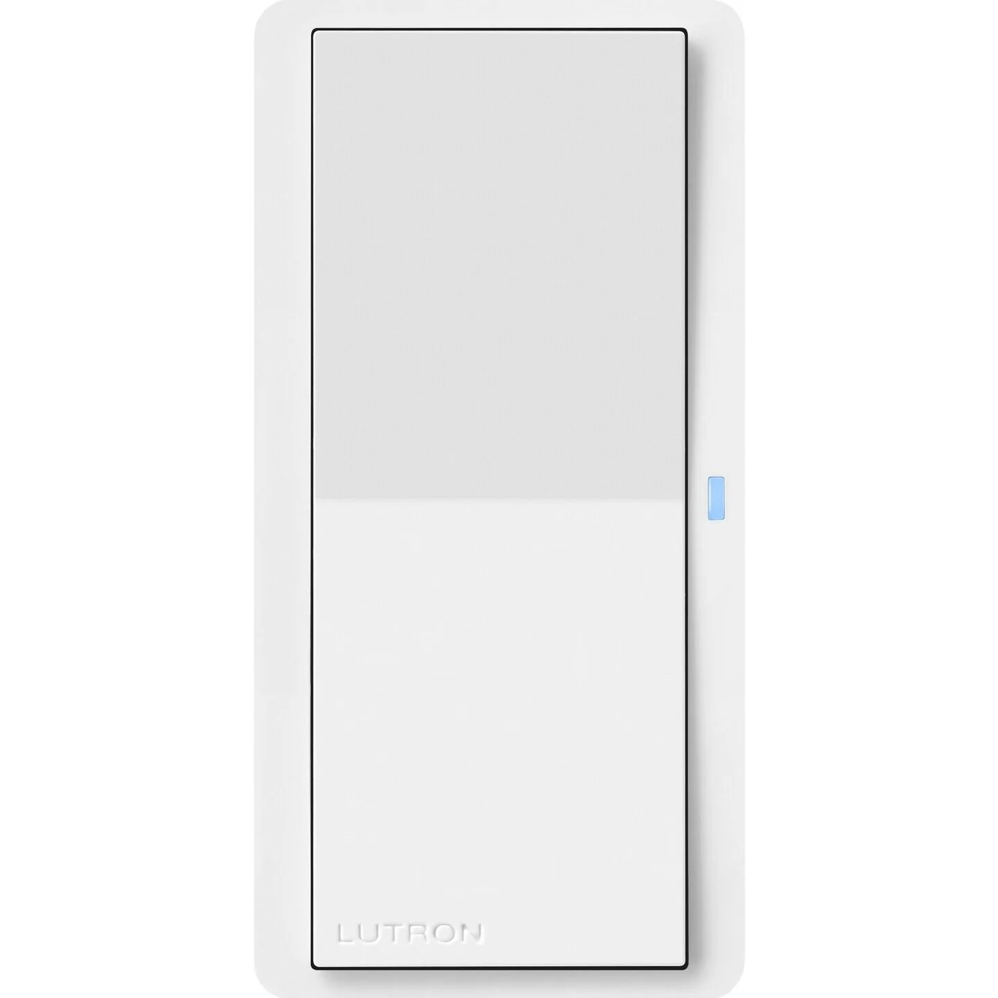 A white Lutron wall light switch with a small blue indicator light on its right side.