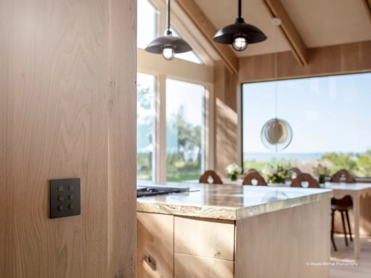 Kitchen with Alisse keypad (Hamptons Barnhouse): a Lutron Alisse keypad controlling lighting and shades