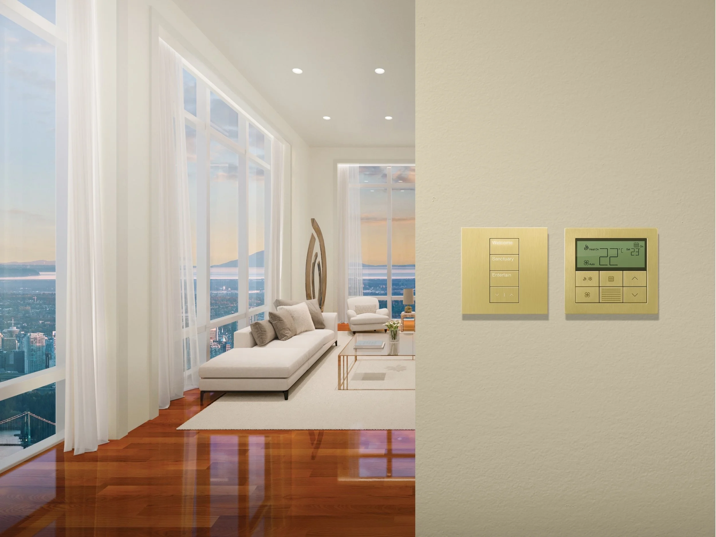 A modern high-rise living room with Lutron smart lighting and shading control, seamlessly integrated into the palladium wall control alongside climate control panels. Expansive floor-to-ceiling windows with sheer motorized shades frame panoramic city