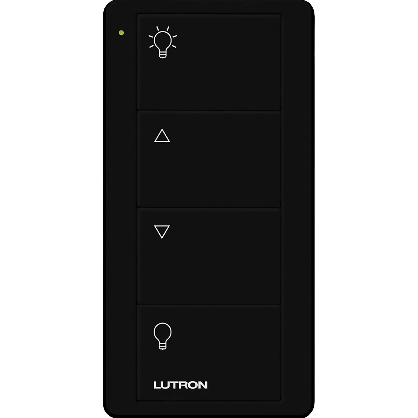 A black remote control with multiple labeled buttons, including a light bulb icon, directional arrow buttons, and the brand name "LUTRON" at the bottom.