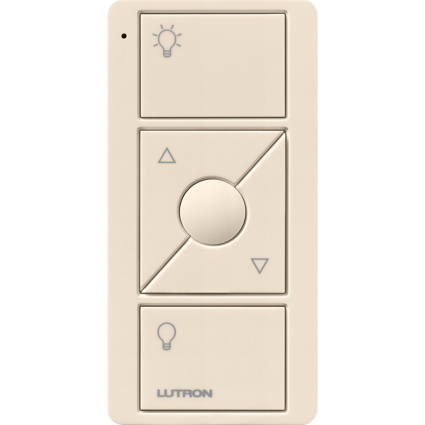 A beige Lutron remote control with buttons for lighting control, including a top button with a light bulb icon, a circular directional pad for adjusting brightness, and a bottom button with a light bulb icon.