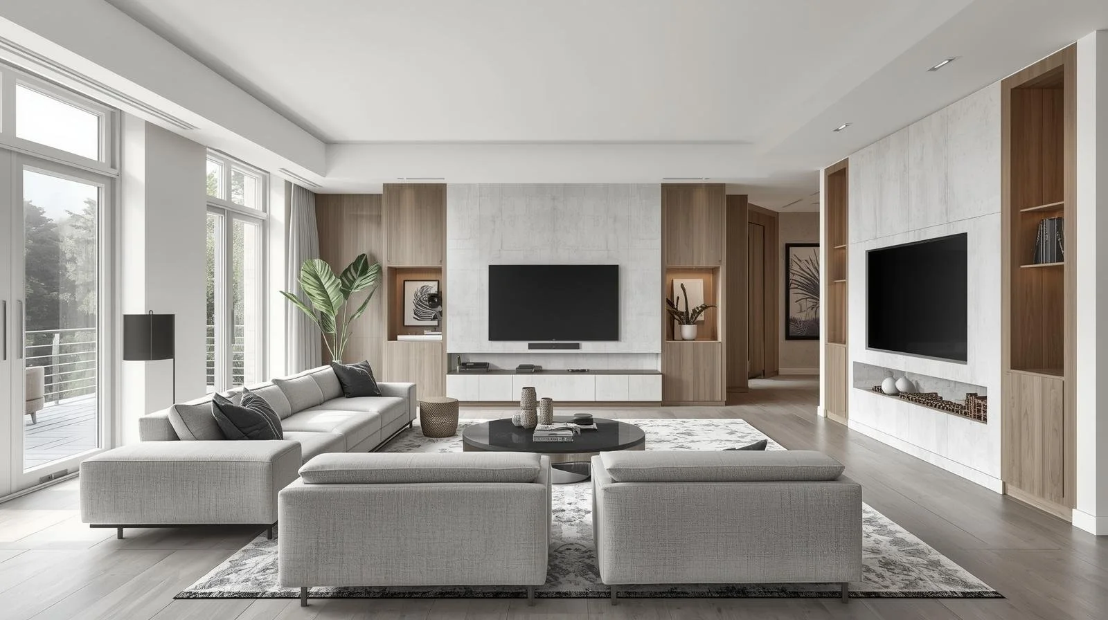 Modern, light-filled living room with large windows, gray sectional and two matching chairs around a round black coffee table.