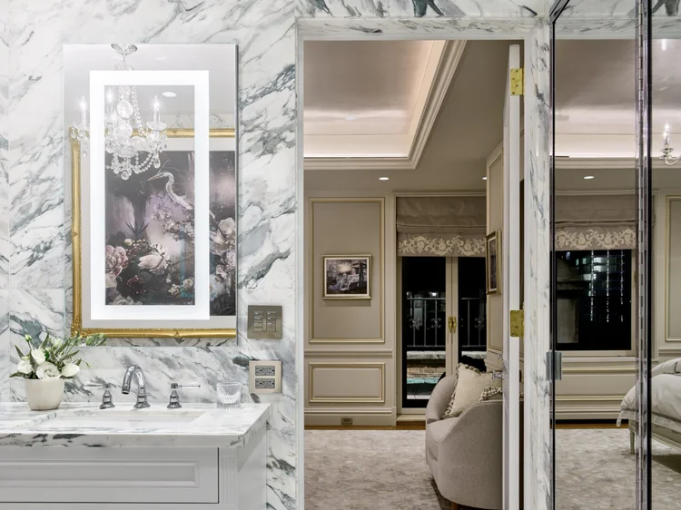 Marble bathroom and sitting room (Ritz Tower Residence, New York, NY): Ketra downlights, Lumaris linear accents and HomeWorks QSX