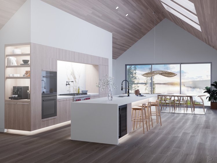 Vaulted kitchen and dining space (Private Residence, Midwest, USA): Lutron smart lighting with skylights and under-cabinet LEDs