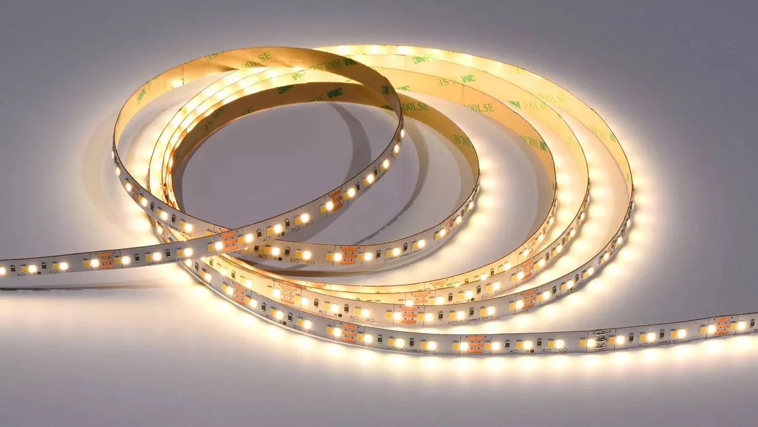 Coil of Lutron Lumaris tunable white LED tape light glowing warm white