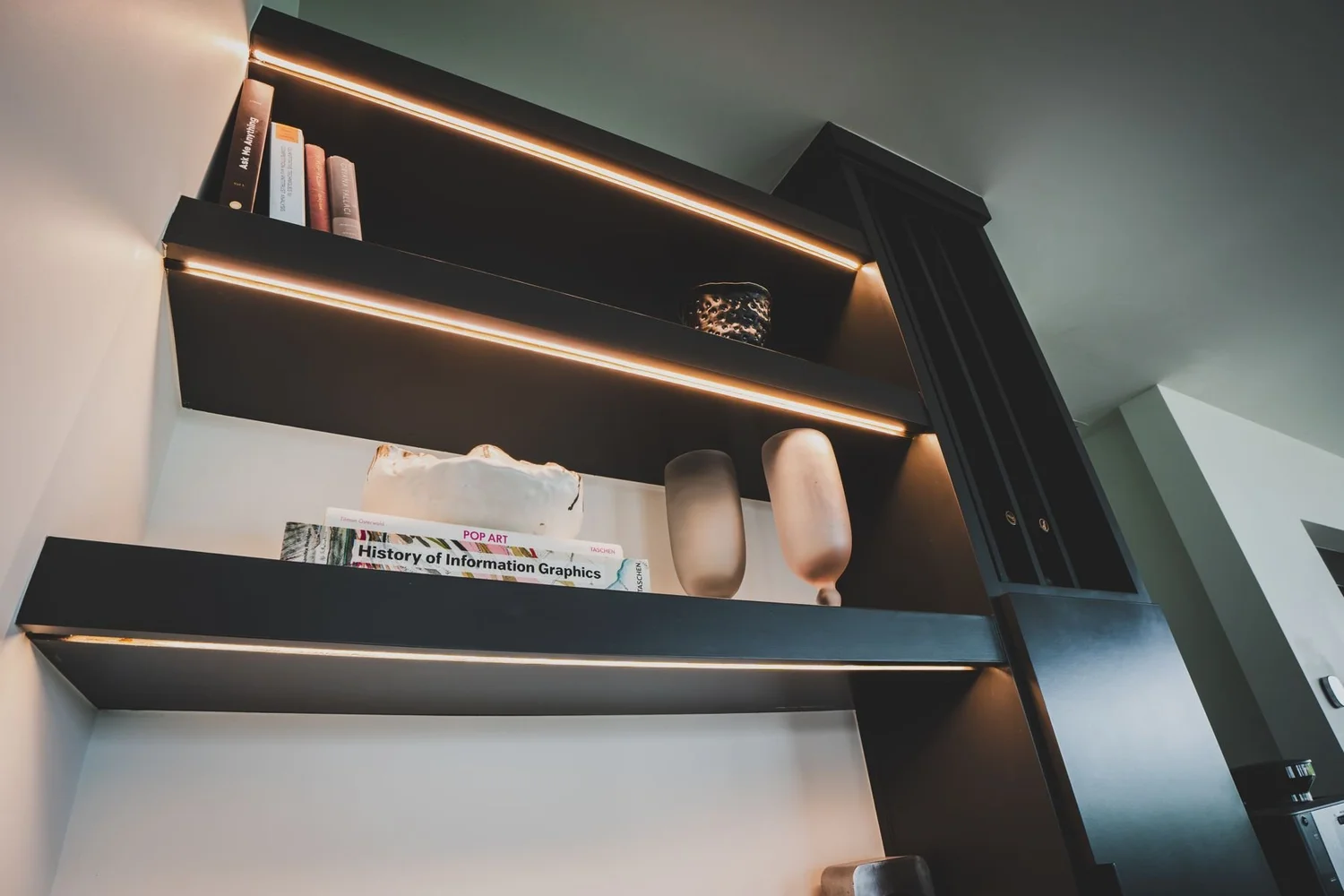Floating shelves with built-in LED accent lighting