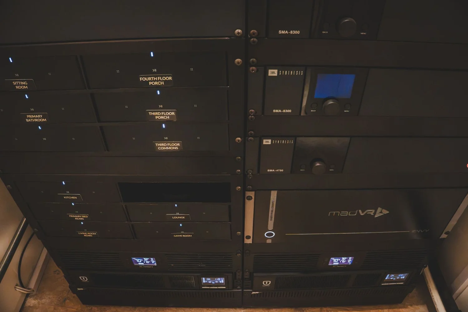 Equipment rack with amplifiers and control gear