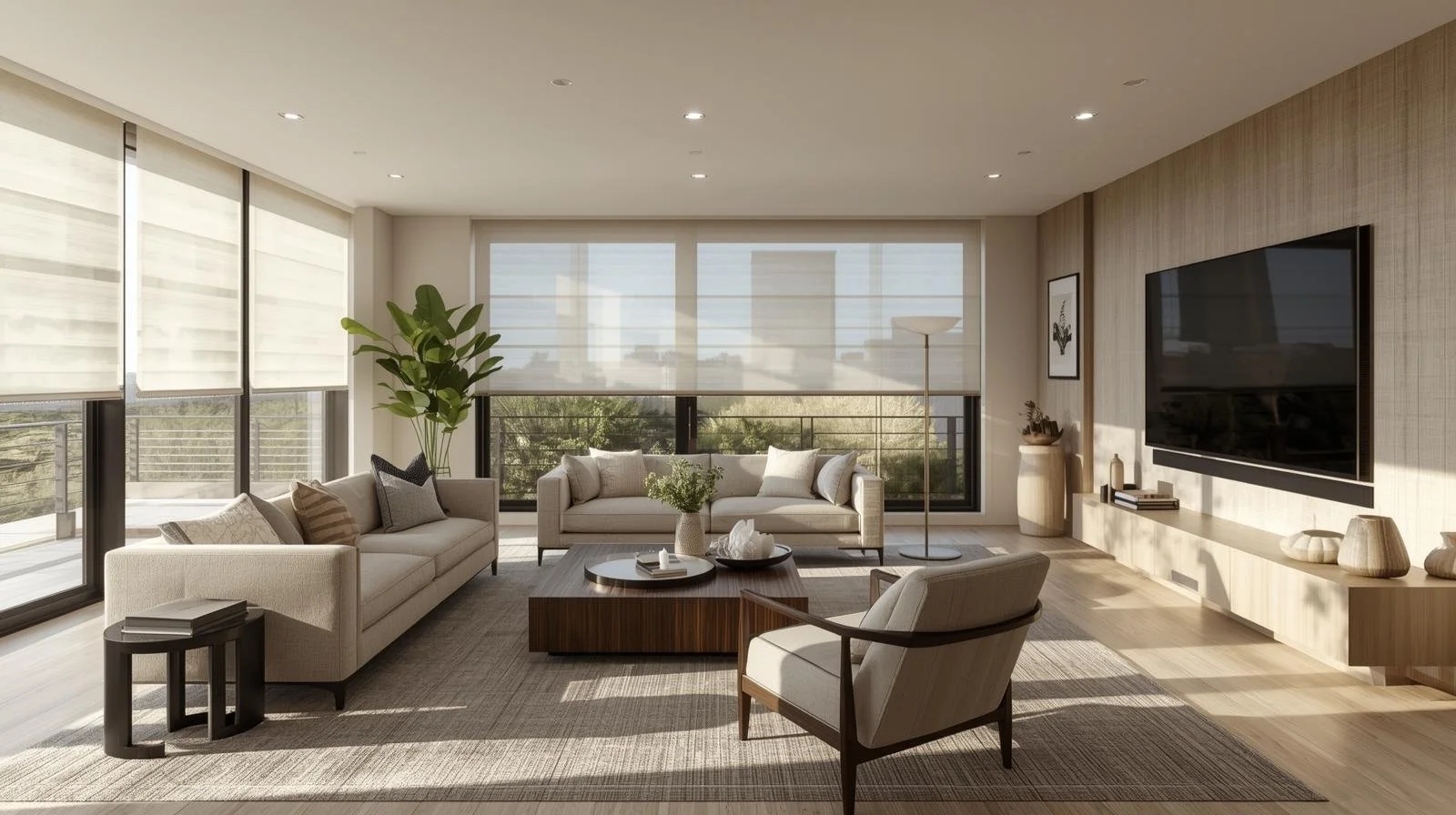 Modern living room with large windows, light-filtering roller shades, neutral sofas, wood coffee table, and built-in TV wall filled with natural light.