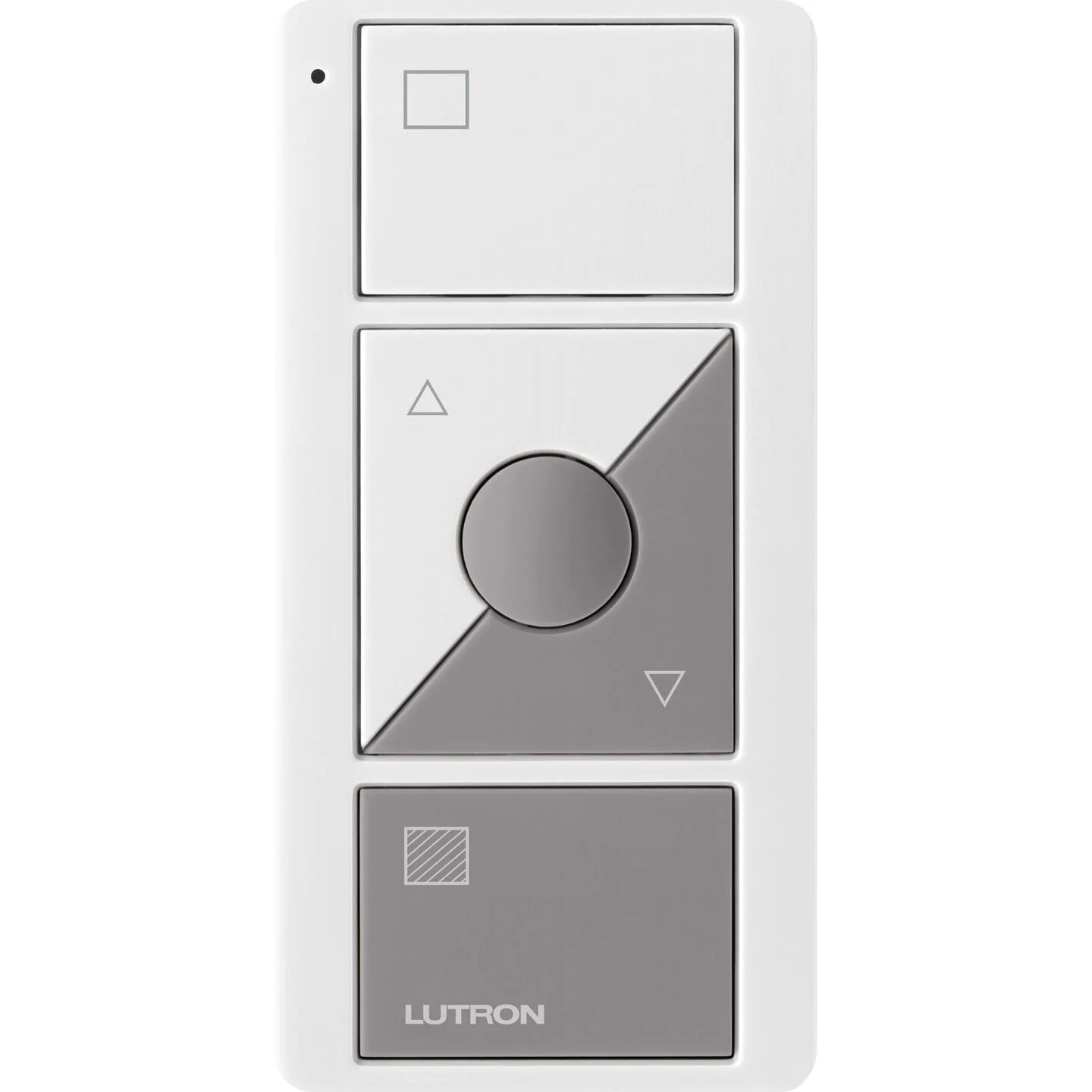 A Lutron remote control with up and down arrow buttons, a central round button, and a square button with a striped pattern.