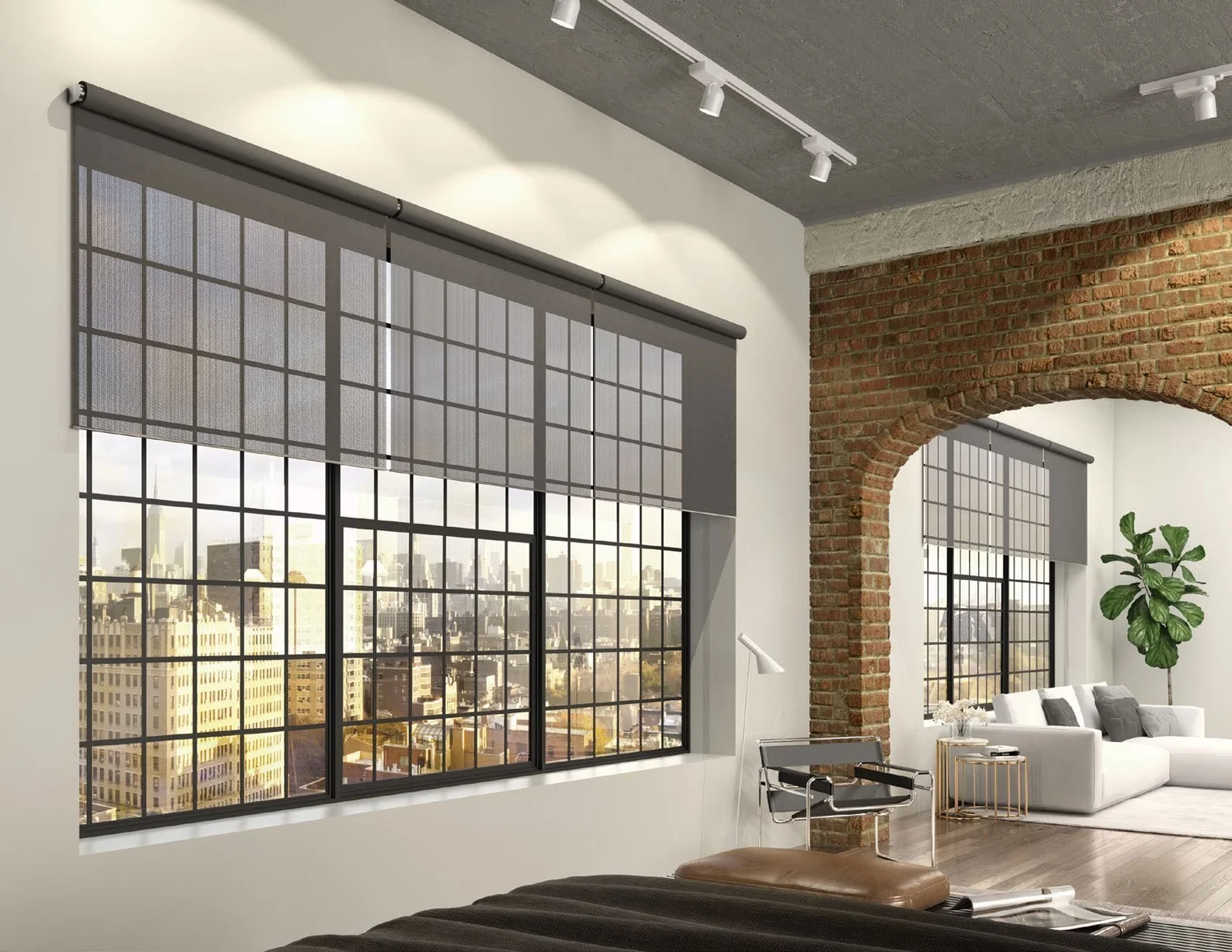 Loft with large windows and roller shades