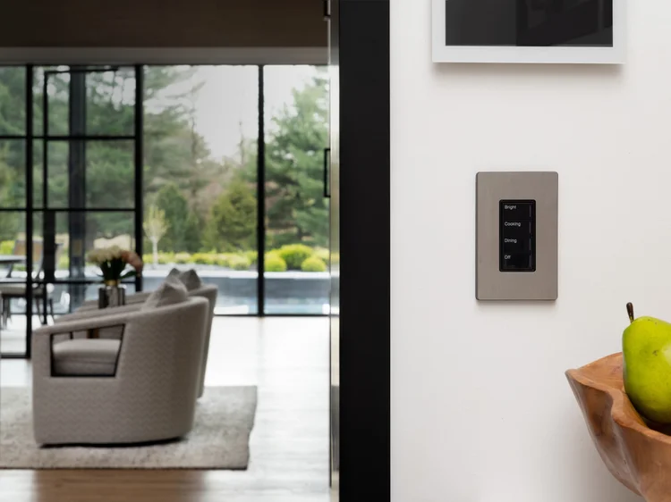 Palladiom keypad in a living room (Private Residence, Saucon Valley, PA): Lutron Palladiom keypad with HomeWorks QSX