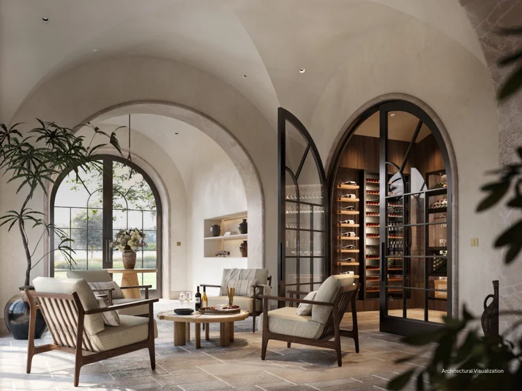 Mediterranean-style wine lounge (Mediterranean Wine Lounge): motorized Lutron shades and recessed LED lighting