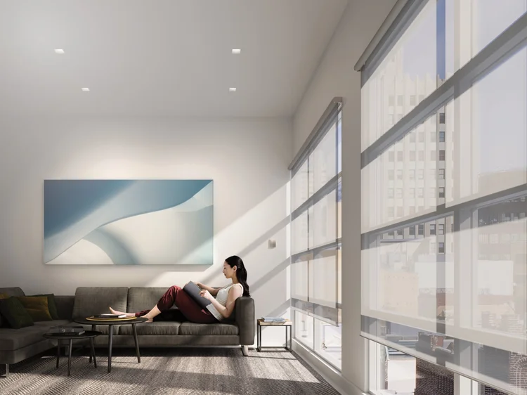 High-rise living room (Sag Harbor Residence, Sag Harbor, NY): Ketra D2 downlights, Sivoia QS shades and HomeWorks QSX control