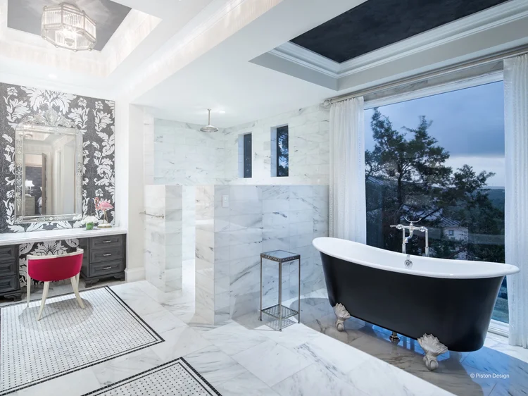 Bathroom with clawfoot tub (Texas Hill Residence, Austin, TX): Lutron smart lighting and motorized sheer shades