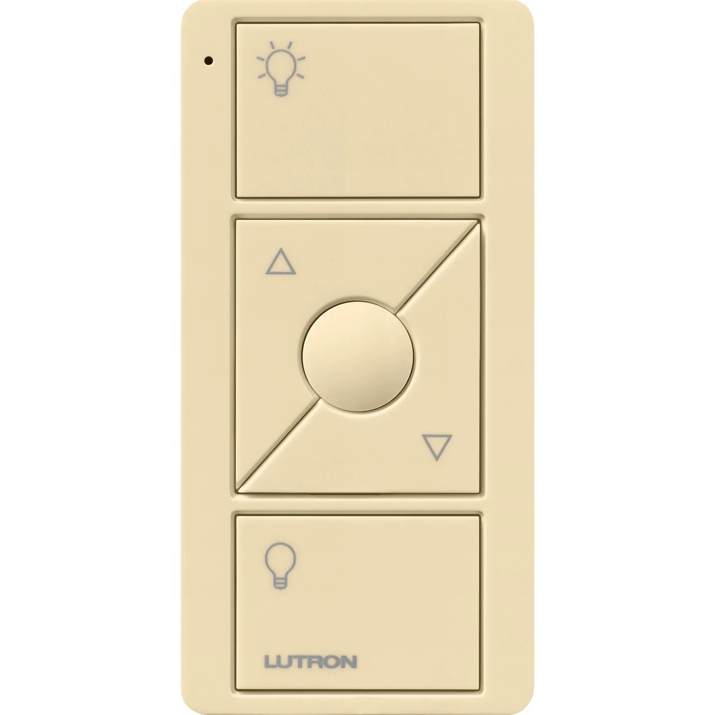 A Lutron remote control with buttons for adjusting lighting, including a light bulb icon, directional arrows, and a central circular button.