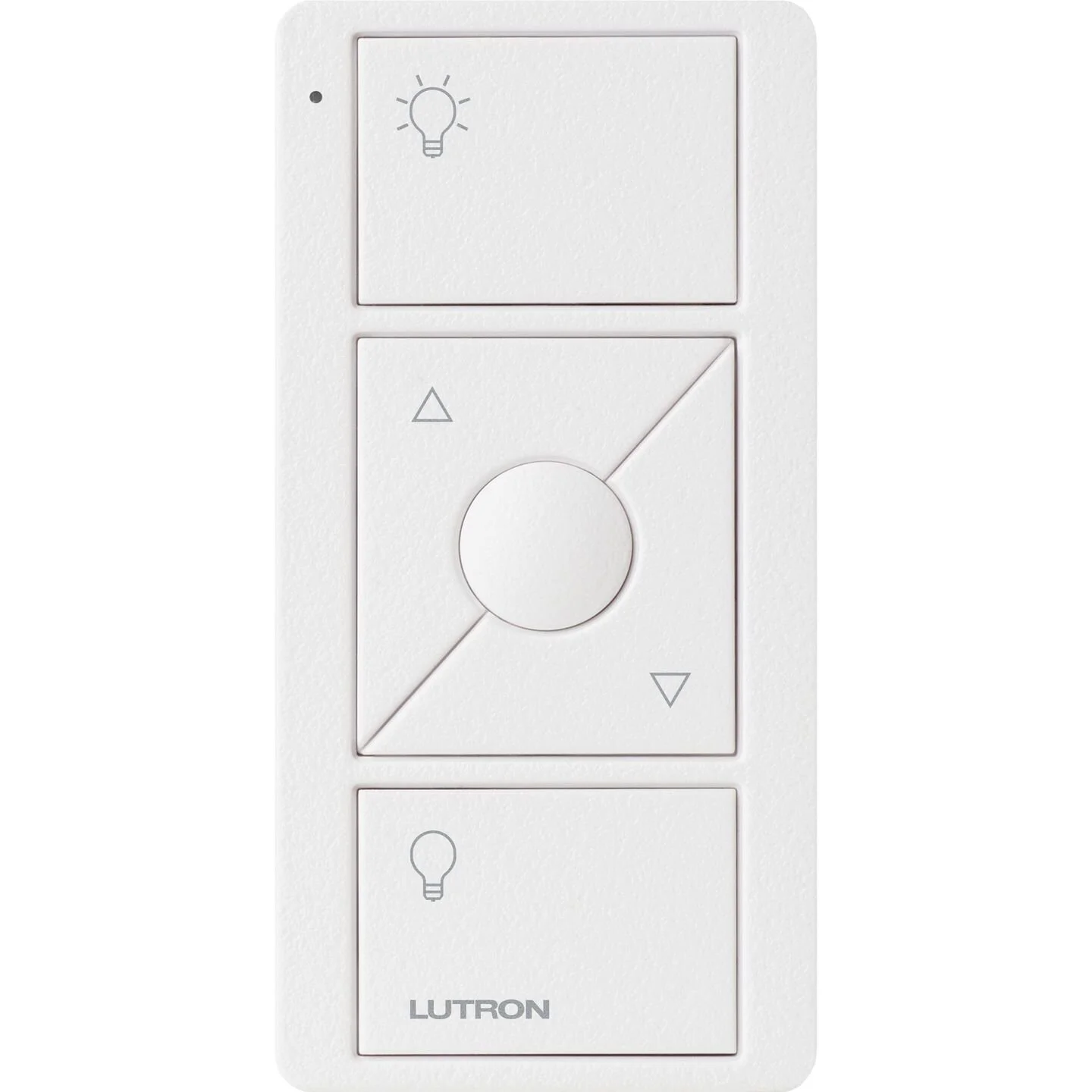 A white wall PICO controller with five buttons. The top button has a light bulb ON icon, and the bottom button has a light bulb OFF icon. The middle button is a circular pad with up and down arrows, and a diagonal line crossing the circle.