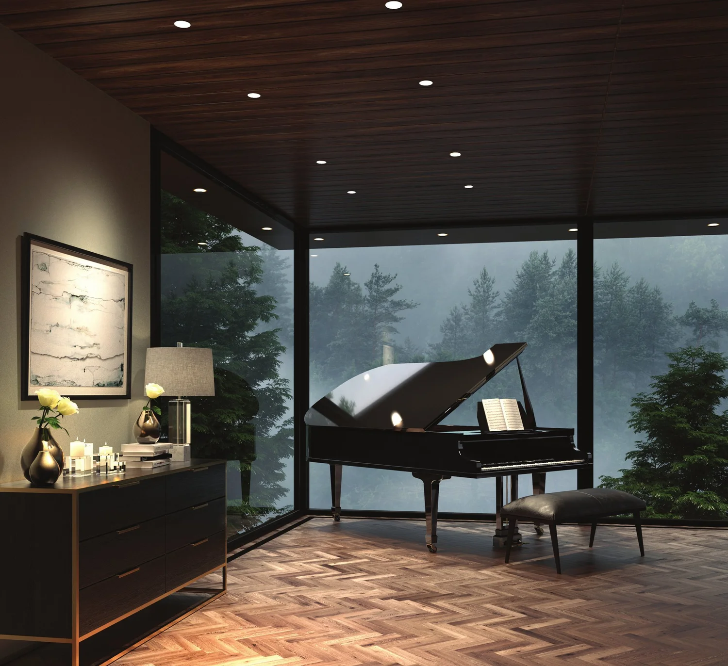 Piano room with recessed downlights at dusk