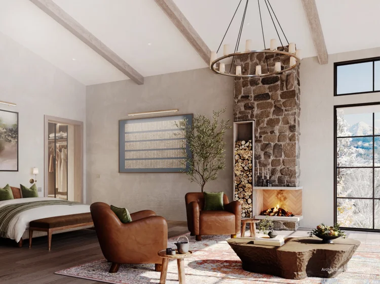 Mountain-style retreat with stone fireplace (Mountain Rustic Bedroom): Lutron smart lighting with picture lights and recessed LEDs