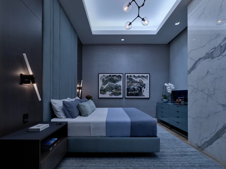 Bedroom with a moonlight lighting scene (Seaholm Penthouse, Austin, TX): Ketra tunable white and soft blue light with HomeWorks QSX