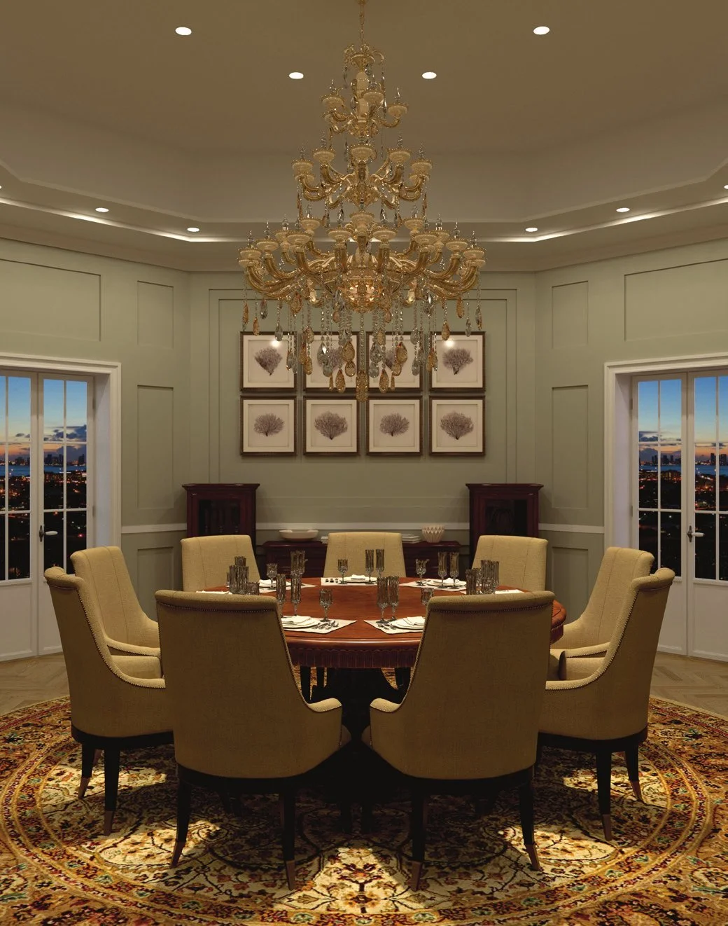 Round dining room with downlights at full brightness