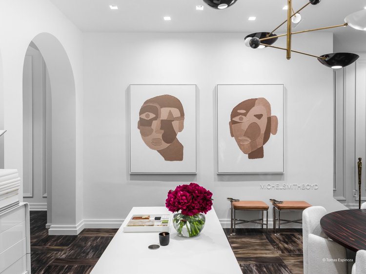 Gallery-style interior (Michel Smith Boyd’s Studio): Lutron lighting aimed at artwork